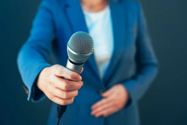 Elegante Journalistin führt Geschäftsinterview oder Presse — Stockfoto