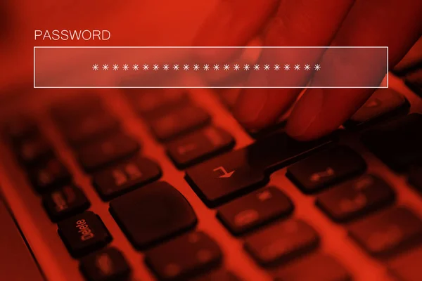 Typing online account password on laptop computer keyboard — Stock Photo, Image