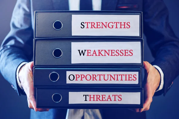 Business swot Analyse-Konzept, Geschäftsmann mit Ringordnern — Stockfoto