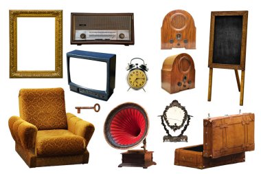 Vintage retro ev ilgili nesneleri üzerinde WHI izole koleksiyonu