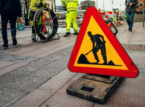 Road works sign on city street — Stock Photo, Image