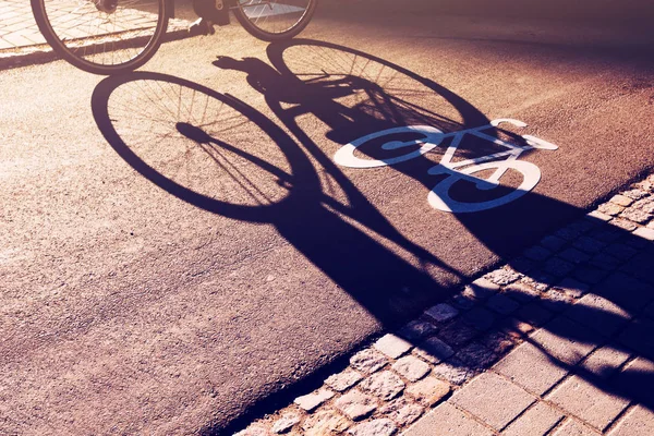 Schatten von unkenntlich gemachtem Radfahrer auf Radweg — Stockfoto