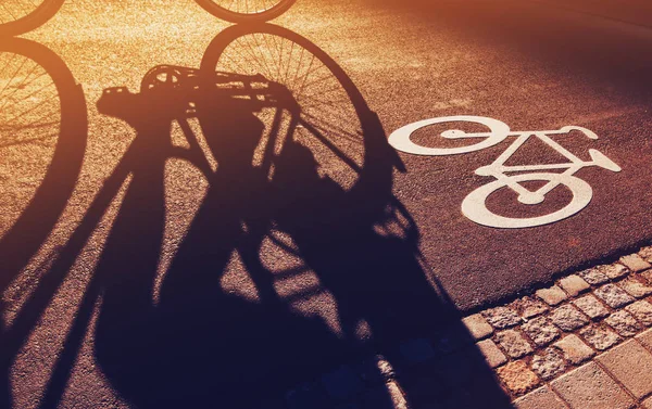 Shadow of unrecognizable cyclist on bicycle lane — Stock Photo, Image