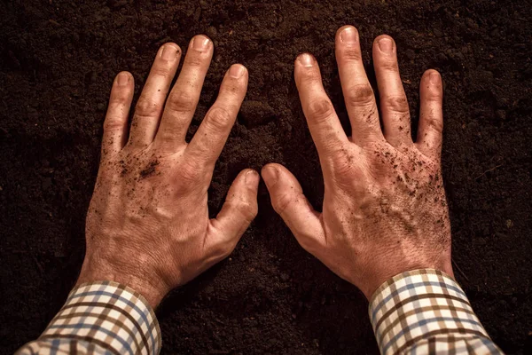 Agricultores mãos em solo fértil — Fotografia de Stock