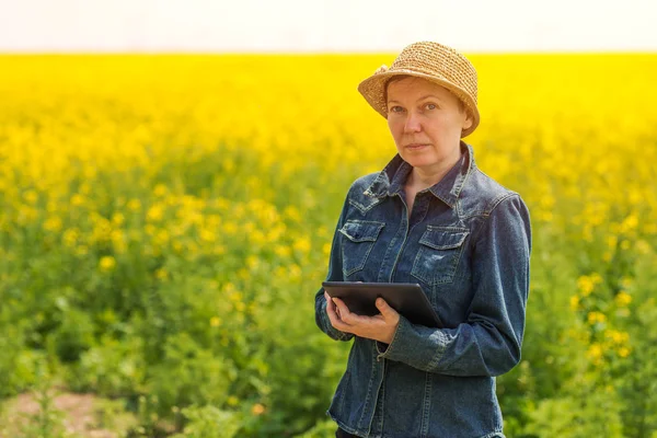 Female farmer using tablet computer in rapeseed field — Stock Photo, Image