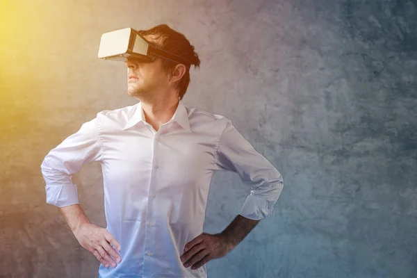 Adult businessman with VR goggles headset — Stock Photo, Image