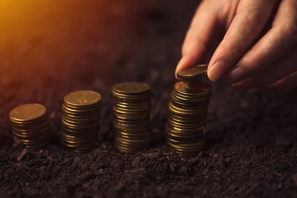 Agricultora apilando monedas, haciendo dinero en la agricultura —  Fotos de Stock