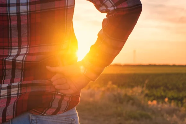 Mujer agricultora preocupada de pie en el campo — Foto de Stock