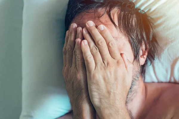 Morning depression and midlife crisis with man in bed — Stock Photo, Image