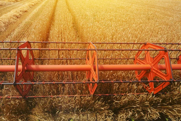 Combineren van harvester draaiende spoel van boeren pov — Stockfoto