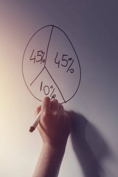 Businesswoman drawing pie chart on office whiteboard — Stock Photo, Image