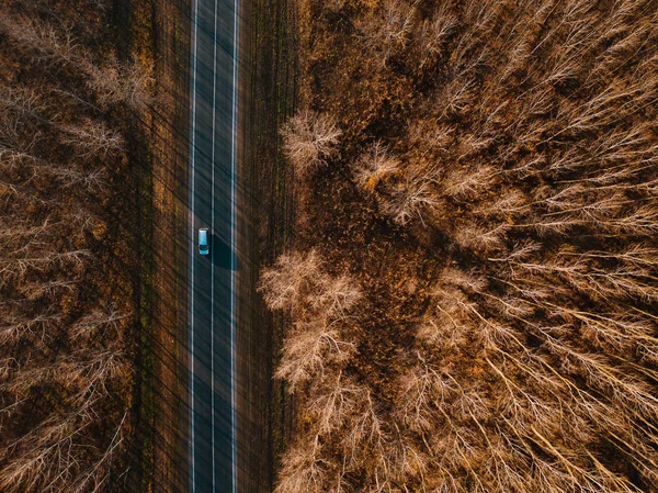 Vista aérea do carro na estrada através da floresta de outono — Fotografia de Stock