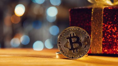 Bitcoin Btc cryptocurrency ve Noel hediye kutusu