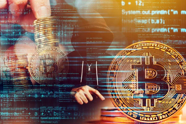 Computer hacker and Bitcoin cryptocurrency — Stock Photo, Image