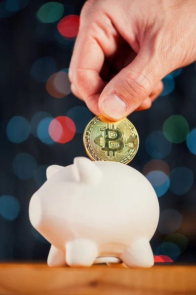 Bitcoin kryptovaluta miner att infoga Btc i piggy mynt bank — Stockfoto