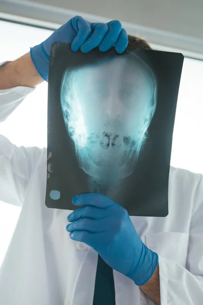 Médecin examinant la radiographie du crâne — Photo