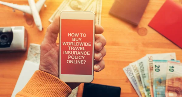 Worldwide travel insurance policy online mobile app — Stock Photo, Image