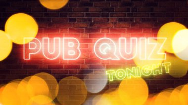 Pub Quiz neon sign mounted on brick wall clipart