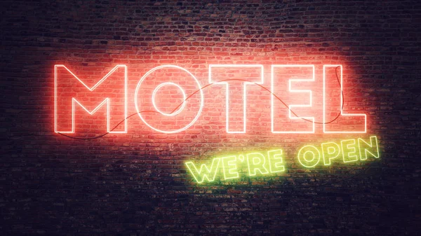 Motel neon sign mounted on brick wall — Stock Photo, Image