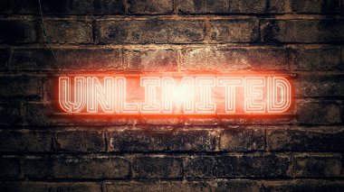 Unlimited neon sign on brick wall clipart