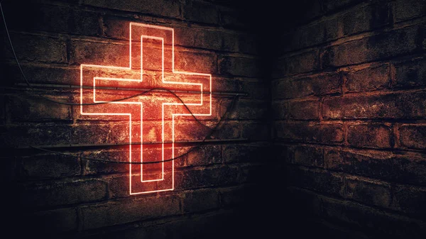 Неоновый знак христианского креста — стоковое фото