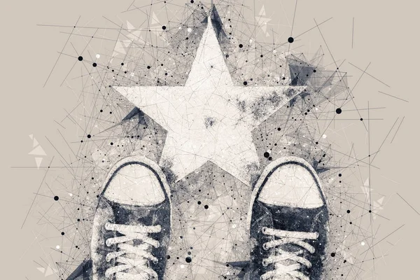 Young person on the road with star shape imprint — Stock Photo, Image