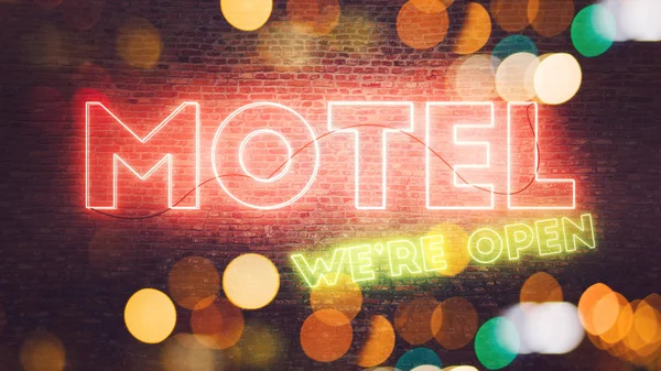 Motel neonskylt monterad på tegelvägg — Stockfoto