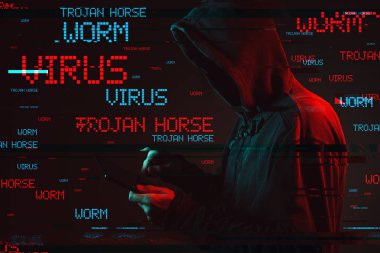 Computer virus concept with faceless hooded male person clipart