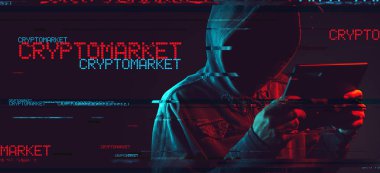 Meçhul kukuletalı erkek kişi ile Cryptomarket kavramı