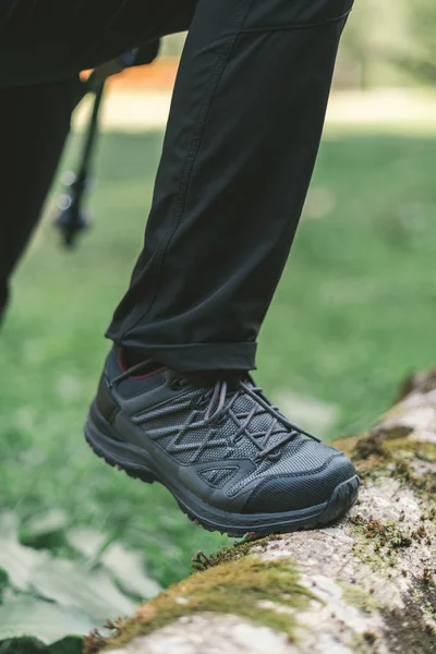 Hiking shoe trekking in woods, selective focus — Stock Photo, Image