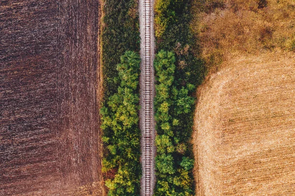 Vieja vía férrea a través del campo en otoño, vista aérea —  Fotos de Stock