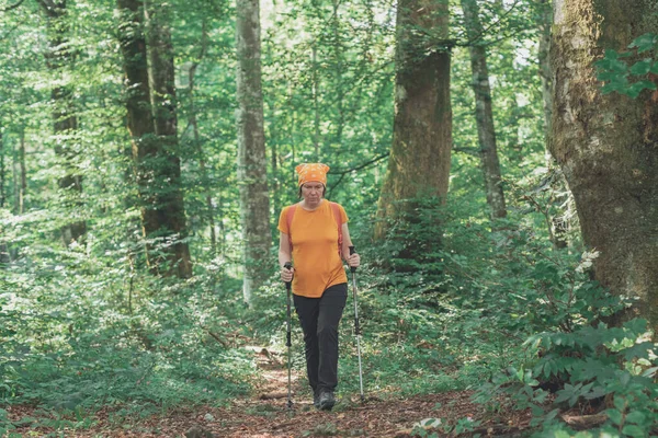 Donna escursionista trekking e passeggiate nella foresta — Foto Stock