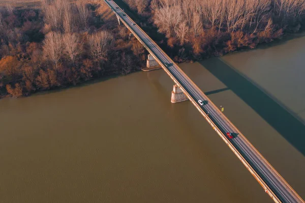 Aerial view of bridge crossing river Tisza — Stock Photo, Image