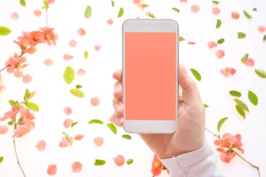 Akıllı telefon ilkbahar dekorasyonu ile kadın elinde alay