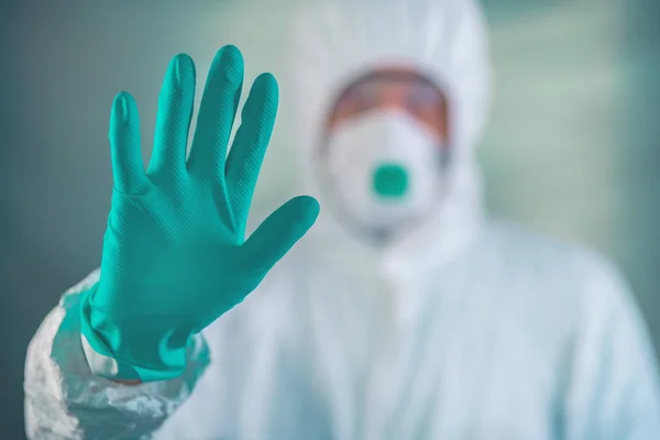 Epidemiologist Gesturing Stop Hand Sign Coronavirus Quarantine Selective Focus — Stock Photo, Image