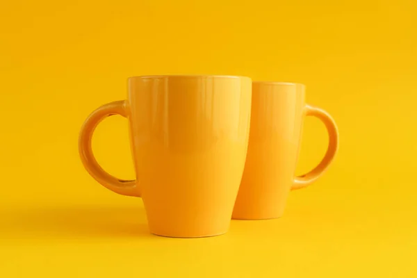 Two Yellow Coffee Cups Yellow Background Coffee Break Caffeine Addiction — Stock Photo, Image