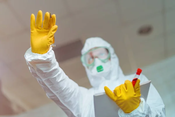 Female Epidemiologist Gesturing Stop Sign Hospital Quarantine Selective Focus — Stock Photo, Image