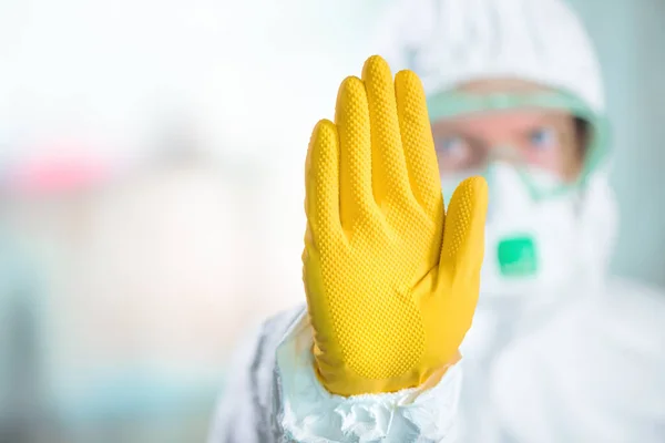 Female Epidemiologist Gesturing Stop Sign Hospital Quarantine Selective Focus — Stock Photo, Image