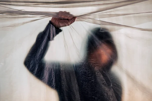 Drug Addiction Concept Blurred Male Person Hoodie Plastic Curtain Selective — Stock Photo, Image