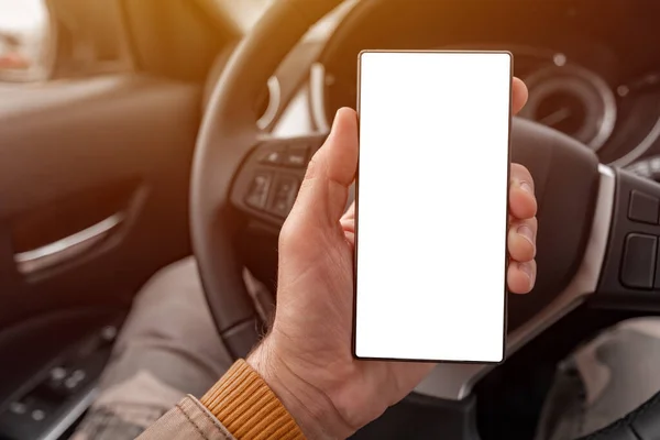 Smartphone Blank Screen Mock Driver Hand Front Car Steering Wheel — Stock Photo, Image