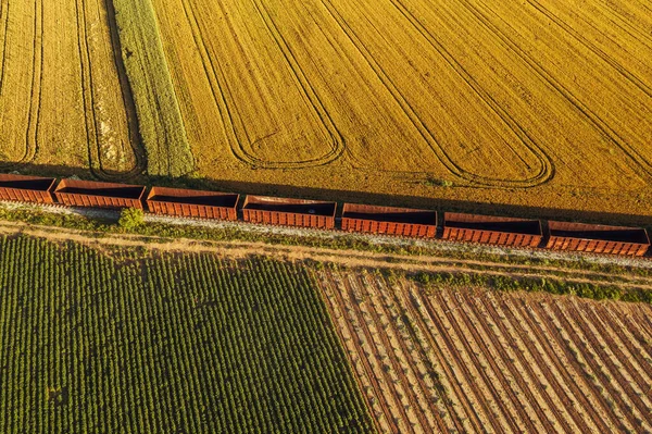 鉄道貨物輸送 田舎の耕地を通る鉄道を通過する列車の航空写真 — ストック写真