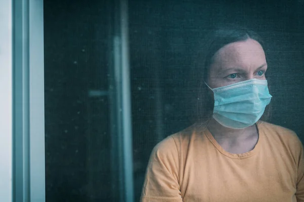 Woman Self Isolation Virus Outbreak Looking Window Worried Female Person — Stock Photo, Image