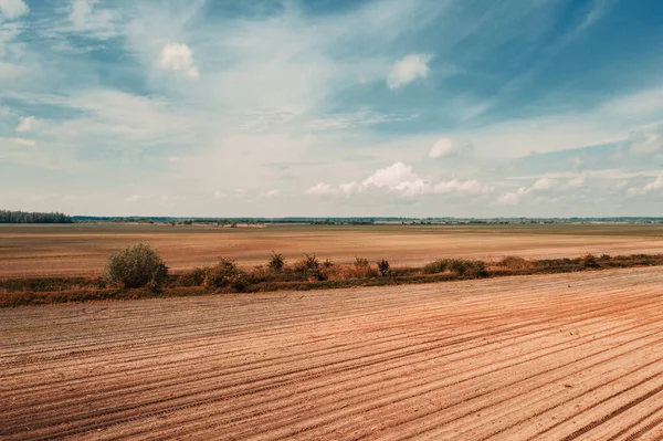 Schöne Luftaufnahme Der Ebene Von Bestellten Feldern Von Drohne Pov — Stockfoto