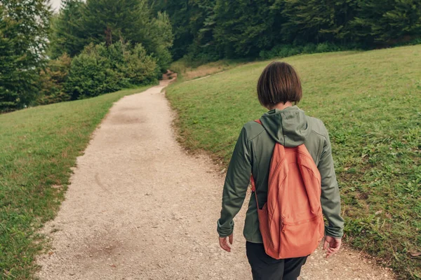 Dişi Yürüyüşçü Yaya Yolunda Yürüyor Sabahları Yürüyüş Yapan Kadını Dikiz — Stok fotoğraf