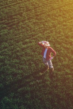 Buğday çiftçisi ayakta duruyor ve buğday çimleri üzerinde bakıyor. Yetişkin erkek çiftçi tarlaları inceliyor.