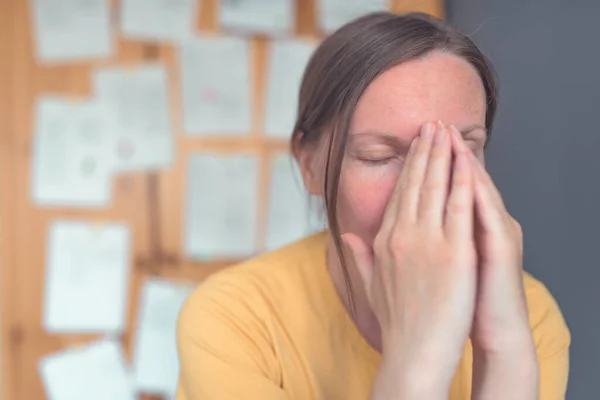 Tired Exhausted Female Freelancer Working Home Selective Focus — Stock Photo, Image