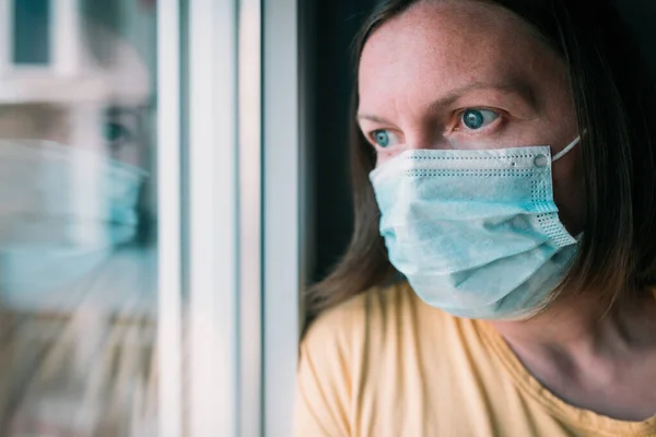 Woman Self Isolation Virus Outbreak Looking Window Worried Female Person — Stock Photo, Image