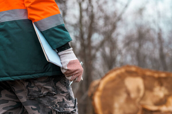 Forestry technician posing with clipboard notepad next to a tree log in forest, confident male professional collecting data on field