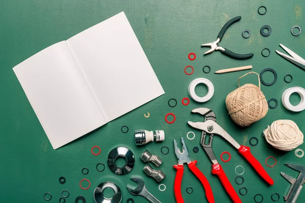 Top View Plumbing Tools Set Flat Lay Blank Notebook Copy — Stock Photo, Image