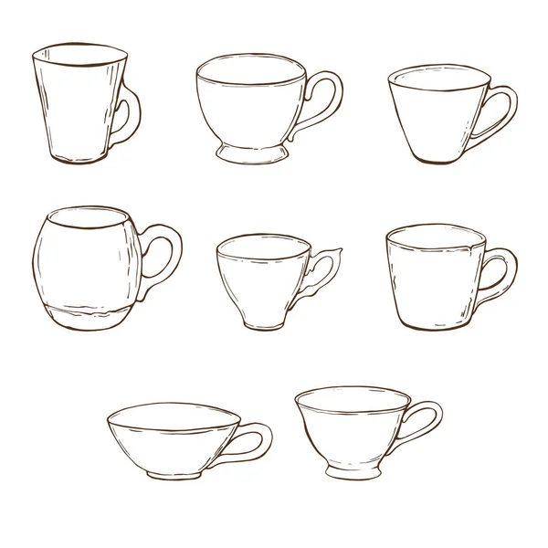 Hand drawn vintage set of cups on white background — Stock Vector